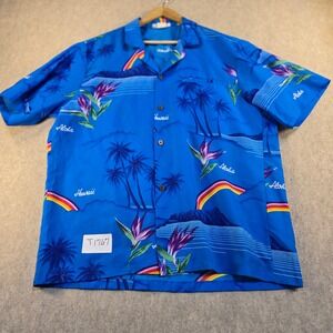 Vintage Casual Wear Hawaii Shirt Mens Large Blue Rainbow Bird of Paradise Aloha